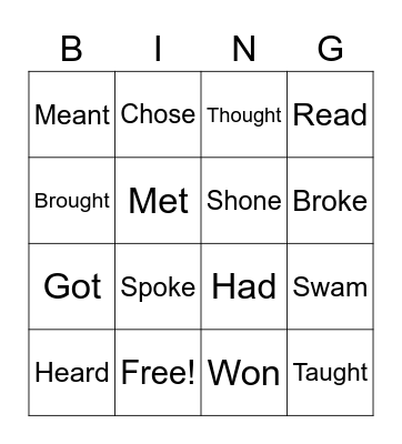 Irregular Verbs Bingo Card