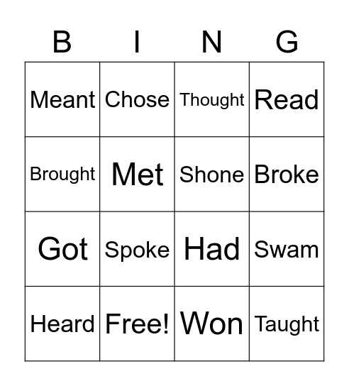 Irregular Verbs Bingo Card