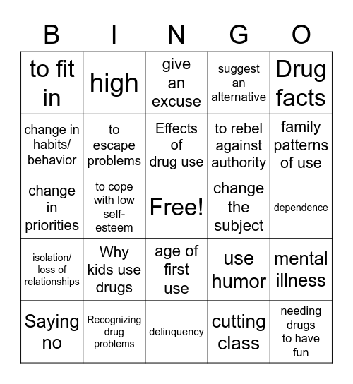 Substance Use Bingo Card