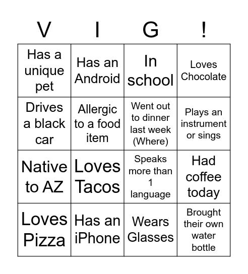 The Vig West Bingo!! Bingo Card