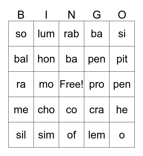 Open/Closed Syllables  Bingo Card