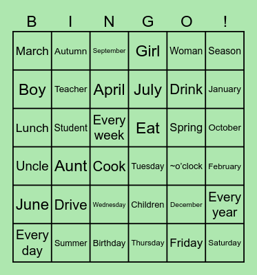 Eiken 5 Card 1 Bingo Card
