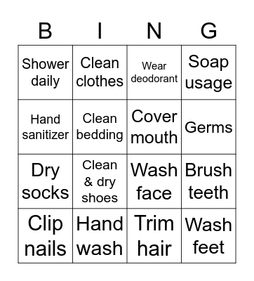 Good Hygiene Good Life Bingo Card