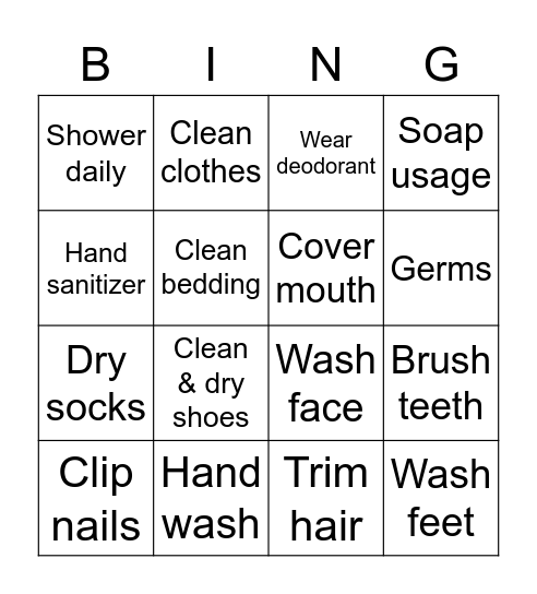 Good Hygiene Good Life Bingo Card