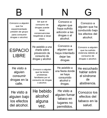 Alcohol, tabaco y drogas Bingo Card