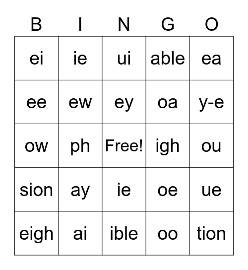 Vowel Teams and Suffixes Bingo Card