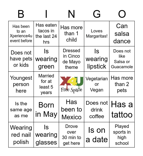 Xperience4u Cinco de Mayo Bingo Card