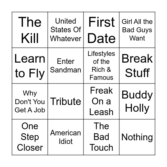 Kerrang! Bingo Card
