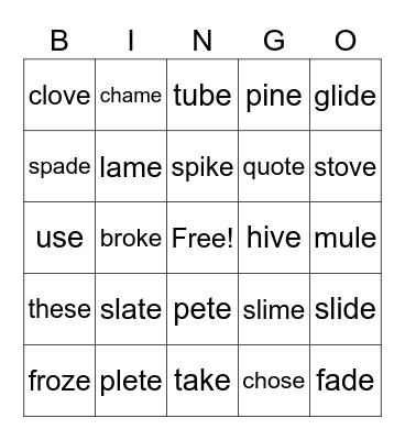 silent e Bingo Card