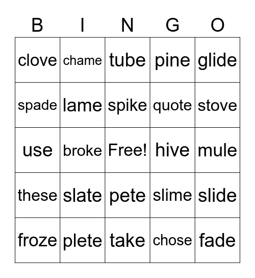 silent e Bingo Card