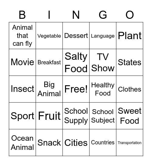 Categories Bingo Card