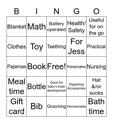 Jess' Baby Shower Bingo Card