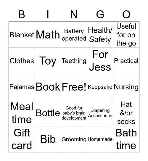 Jess' Baby Shower Bingo Card