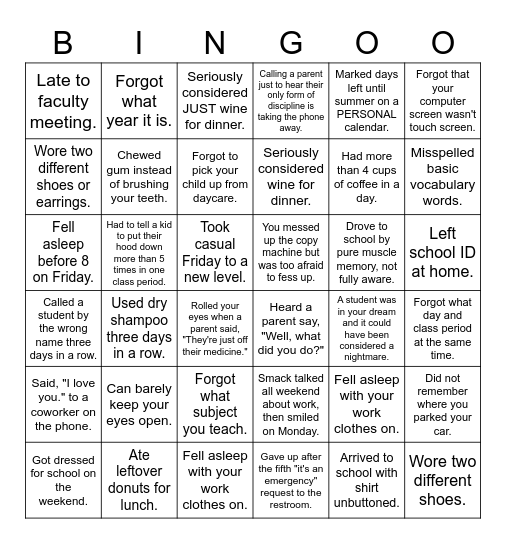 Tired Teacher Bingo Card