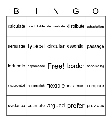 Vocabulary BINGO Card