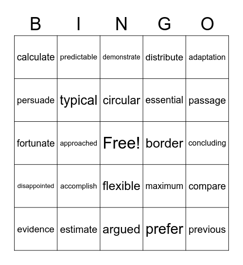 Vocabulary BINGO Card