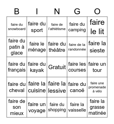 Les expressions avec faire Bingo Card