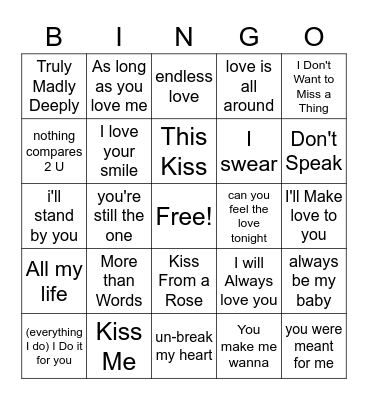 *90s Love Songs Bingo Card