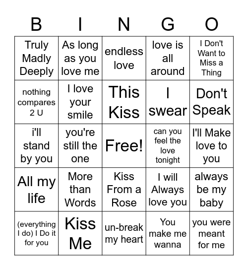 *90s Love Songs Bingo Card