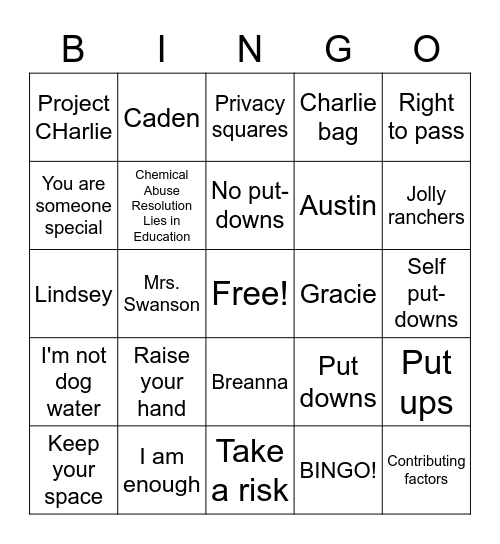 Project CHarlie Bingo Card