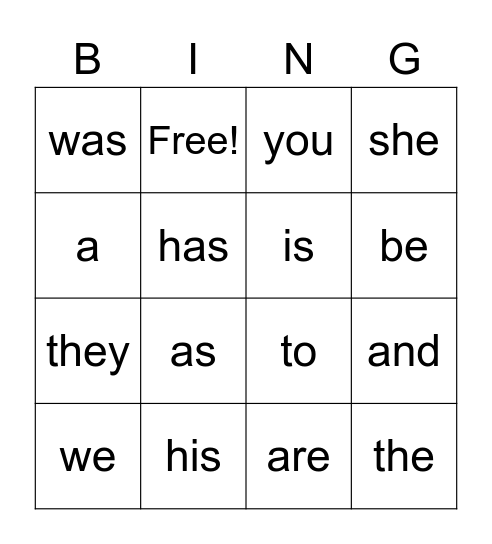 Trick Word Bingo Card