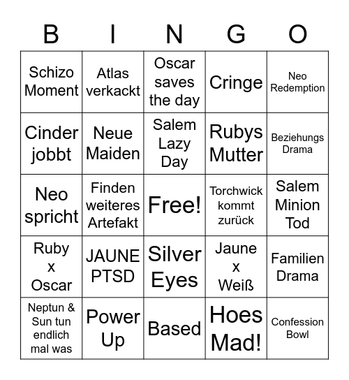 RWBY Season 9 Bingo Card