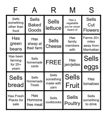 Farmers Market Bingo Card