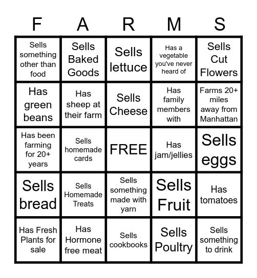 Farmers Market Bingo Card