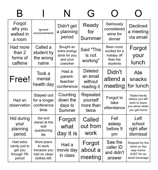 Tired Teacher Bingo Card