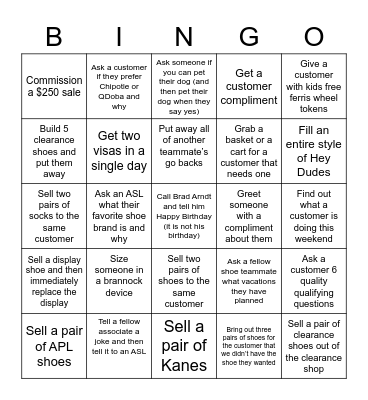 Shoe Crew Bingo Card