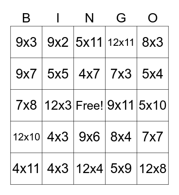 Multiplication Bingo Card