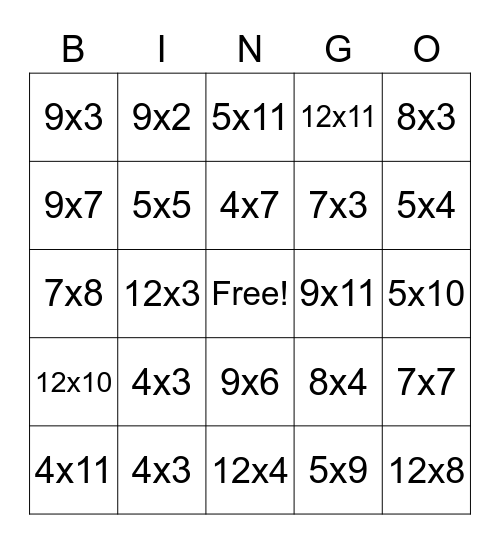 Multiplication Bingo Card