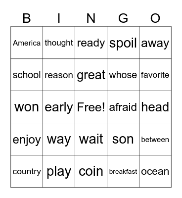 2nd Grade HFW Bingo Card