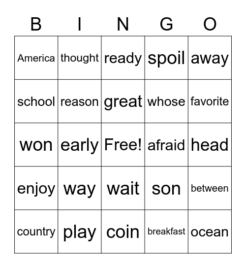 2nd Grade HFW Bingo Card
