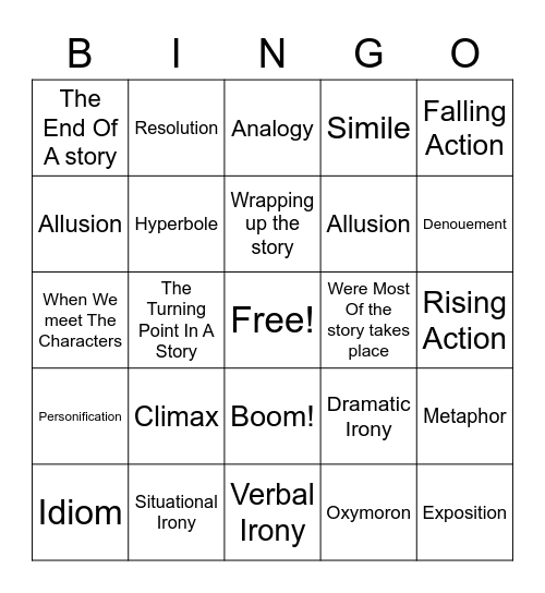 Plot/Figurative language Bingo Card