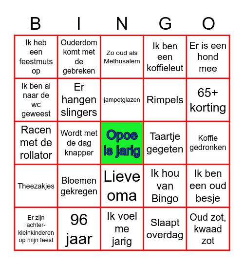 Oma is jarig Bingo, streep aan wat juist is Bingo Card