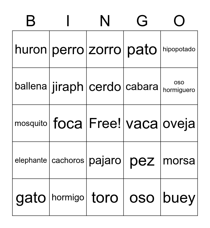 bingo de animales Bingo Card