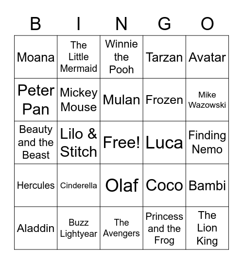 Disney Movies and Characters Bingo Card