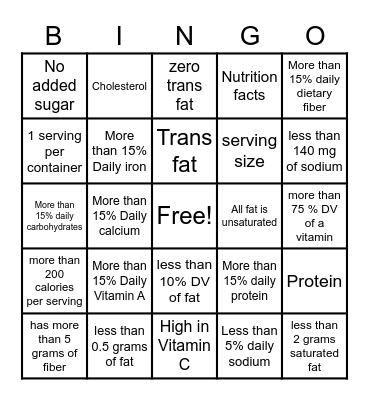 Food Label Bingo! (ONE space per snack!) Bingo Card