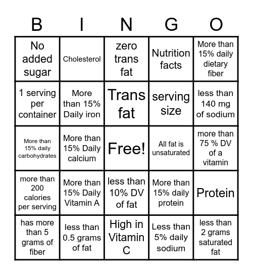 Food Label Bingo! (ONE space per snack!) Bingo Card