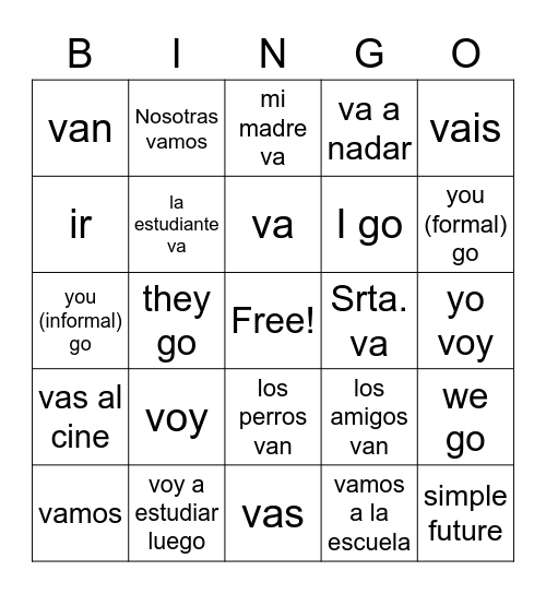 The Verb "ir" Bingo Card