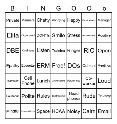 Elita's Team BINGO Card