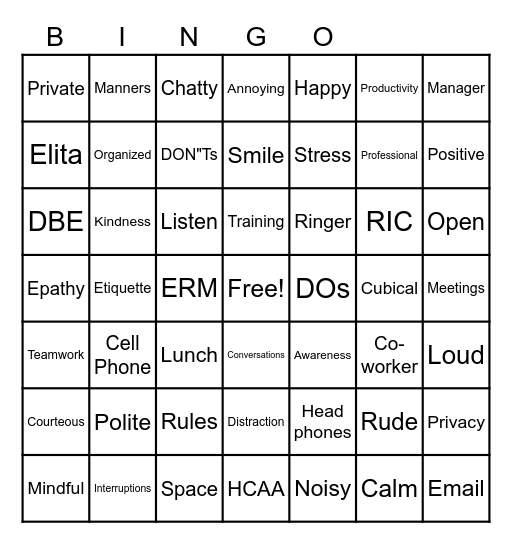 Elita's Team BINGO Card