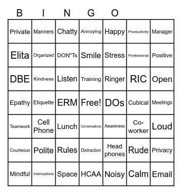 Elita's Team BINGO Card