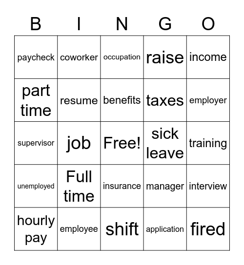 Job Vocabulary Bingo Card