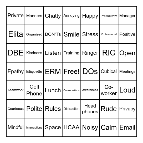 Elita's Team BINGO Card