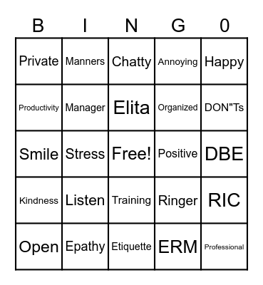 Elita's Team BINGO Card