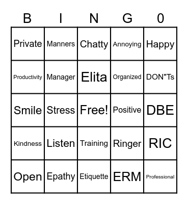 Elita's Team BINGO Card