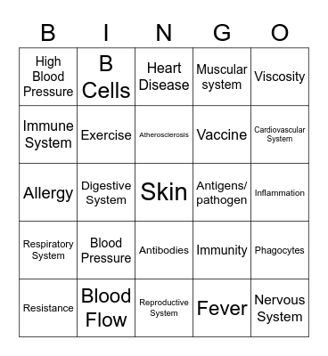 Blood Flow and Immune System Bingo Card