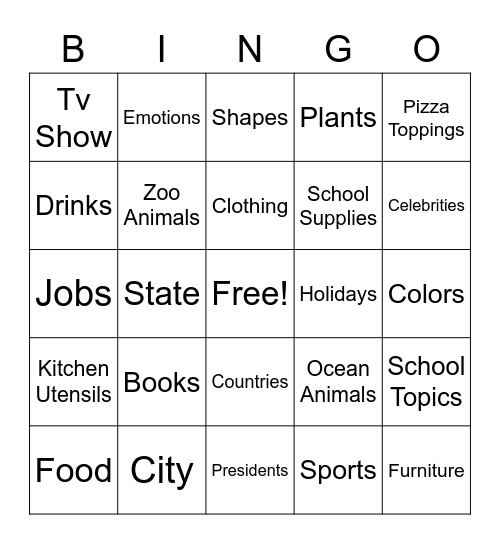 Categories Bingo Card